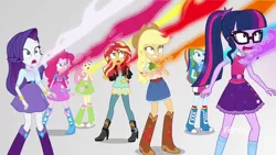 Size: 1280x720 | Tagged: safe, derpibooru import, screencap, applejack, fluttershy, pinkie pie, rainbow dash, rarity, sci-twi, sunset shimmer, twilight sparkle, equestria girls, mirror magic, spoiler:eqg specials, discovery family logo, geode of empathy, geode of fauna, geode of shielding, geode of sugar bombs, geode of super speed, geode of super strength, geode of telekinesis, glasses, humane five, humane seven, humane six, magic drain, magical geodes, mirror world, ponytail