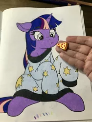 Size: 3024x4032 | Tagged: artist:latecustomer, blushing, clothes, colored pencil drawing, coloring book, confused, derpibooru import, food, frown, hand, human, meat, oversized clothes, pepperoni, pepperoni pizza, photo, pizza, safe, sweater, traditional art, twilight sparkle