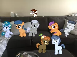 Size: 4032x3024 | Tagged: safe, artist:jawsandgumballfan24, derpibooru import, button mash, chipcutter, first base, pipsqueak, rumble, shady daze, skeedaddle, tender taps, earth pony, pegasus, pony, unicorn, buttonbetes, colt, couch, cute, foal, framed photo, irl, living room, magazine, male, photo, pillow, ponies in real life, rumblebetes, squeakabetes, tendaww taps, tissue