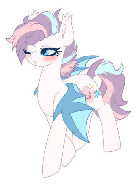 Size: 1280x1708 | Tagged: safe, artist:peeka boo, derpibooru import, oc, oc:pop rock, unofficial characters only, bat pony, pony, bat pony oc, blushing, cute, ear fluff, female, heart, mare, one eye closed, scrunchy face, simple background, solo, toothpick, transparent background, walking