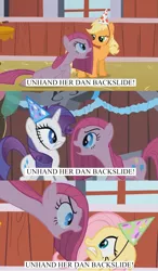 Size: 1001x1710 | Tagged: angry, applejack, balloon, dan backslide, derpibooru import, edit, edited screencap, exploitable meme, fluttershy, hat, meme, old meme, party hat, party of one, pinkie pie, rarity, safe, scared, screencap, season 1, text, the dover boys