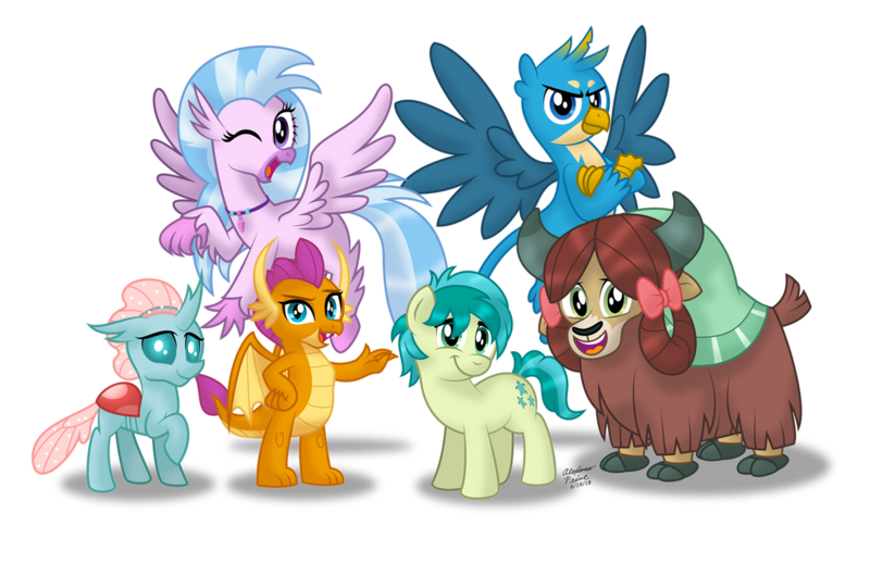 Size: 1600x1035 | Tagged: safe, artist:aleximusprime, derpibooru import, gallus, ocellus, sandbar, silverstream, smolder, yona, changedling, changeling, classical hippogriff, dragon, earth pony, gryphon, hippogriff, pony, yak, school daze, season 8, spoiler:s08, collar, cute, diaocelles, diastreamies, dragoness, female, gallabetes, looking at you, one eye closed, sandabetes, simple background, smiling, smolderbetes, student six, transparent background, wink, yonadorable