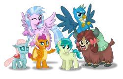Size: 1600x1035 | Tagged: safe, artist:aleximusprime, derpibooru import, gallus, ocellus, sandbar, silverstream, smolder, yona, changedling, changeling, classical hippogriff, dragon, earth pony, gryphon, hippogriff, pony, yak, school daze, season 8, spoiler:s08, collar, cute, diaocelles, diastreamies, dragoness, female, gallabetes, looking at you, one eye closed, sandabetes, simple background, smiling, smolderbetes, student six, transparent background, wink, yonadorable