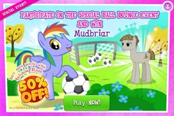 Size: 797x529 | Tagged: advertisement, ball, derpibooru import, football, gameloft, mudbriar, official, play now, rainbow blaze, safe, sports, unamused