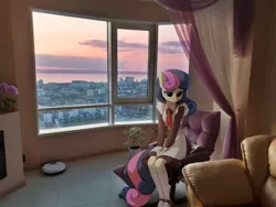 Size: 2560x1920 | Tagged: safe, artist:tomatocoup, derpibooru import, edit, bon bon, sweetie drops, anthro, earth pony, plantigrade anthro, city, clothes, couch, crying, evening, female, irl, photo, photoshop, ponies in real life, room, roomba, russia, sad, school uniform, shoes, sitting, soviet, soviet school uniform, vladivostok, window