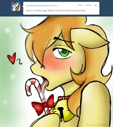 Size: 800x900 | Tagged: suggestive, artist:hasana-chan, derpibooru import, braeburn, bell, bell collar, blushing, bow, braebetes, bust, candy, candy cane, collar, cute, everypony's gay for braeburn, food, heart, licking, male, question, sexy, simple background, solo, solo male, stupid sexy braeburn, tongue out, tumblr