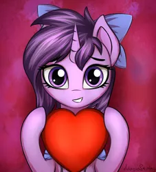 Size: 2000x2200 | Tagged: safe, artist:adagiostring, derpibooru import, oc, oc:amethyst heartstone, unofficial characters only, unicorn, bow, bust, cute, gift art, heart, love, portrait, solo