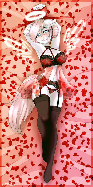 Size: 2979x6000 | Tagged: absurd resolution, anthro, armpits, artist:fatcakes, bed, bedroom eyes, blushing, bondage, bra, breasts, busty nurse redheart, choker, clothes, derpibooru import, female, floating wings, frilly underwear, halo, lingerie, looking at you, negligee, nurse redheart, panties, red underwear, ribbon, rose petals, solo, solo female, stockings, suggestive, thigh highs, underwear, unguligrade anthro