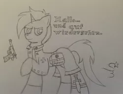 Size: 2048x1562 | Tagged: safe, artist:sm3xystarstrak, derpibooru import, oc, oc:jagergeist, pony, unicorn, black and white, grayscale, gun, handgun, hooves, horn, knife, levitation, magic, male, monochrome, nazi, pistol, raised hoof, revolver, saddle bag, simple background, solo, stallion, telekinesis, text, traditional art, weapon, white background