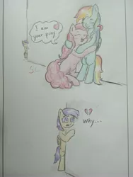 Size: 3072x4096 | Tagged: safe, artist:supercastle, derpibooru import, pinkie pie, rainbow dash, scootaloo, earth pony, pegasus, pony, bipedal, blushing, crying, dialogue, eyes closed, female, heart, heartbreak, hug, lesbian, mare, pinkiedash, shipping, traditional art