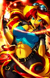 Size: 3300x5100 | Tagged: suggestive, artist:animeclaro, derpibooru import, sunset shimmer, human, equestria girls, abs, badass, belt, big breasts, breasts, busty sunset shimmer, cleavage, clothes, female, fiery shimmer, fingerless gloves, fire, gloves, goggles, jacket, magic, pants, solo, solo female, tanktop, torn clothes