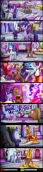 Size: 1200x4793 | Tagged: safe, artist:bonaxor, derpibooru import, opalescence, rarity, twilight sparkle, twilight sparkle (alicorn), oc, oc:firespite, alicorn, fire pony, pony, comic:the greater flame, clothes, comic, didn't think this through, dress, fabric, fire, magic, scissors