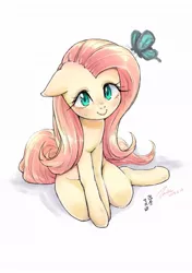 Size: 721x1024 | Tagged: safe, artist:bbtasu, artist:yanamosuda, derpibooru import, fluttershy, butterfly, pegasus, pony, collaboration, cute, female, floppy ears, looking at you, looking up, mare, shyabetes, simple background, sitting, solo, white background