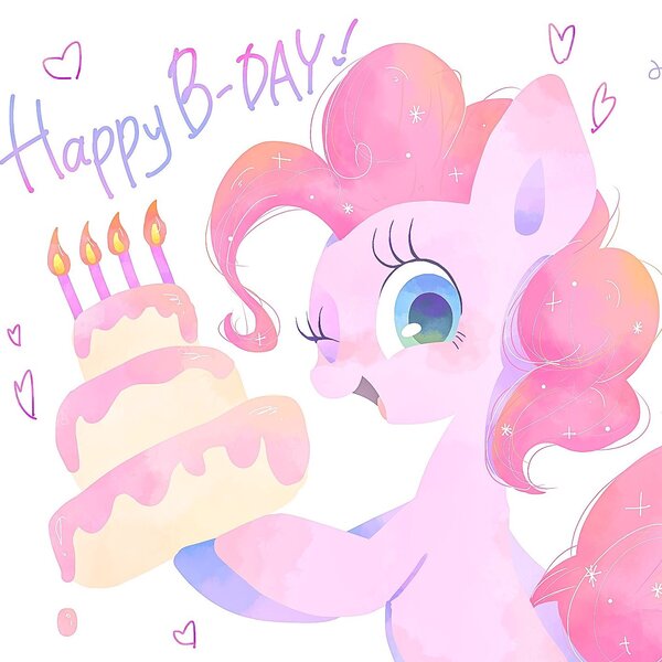 Size: 1445x1445 | Tagged: safe, artist:1drfl_world_end, derpibooru import, pinkie pie, earth pony, pony, birthday cake, cake, candle, female, food, happy birthday, mare, one eye closed, simple background, solo, white background, wink