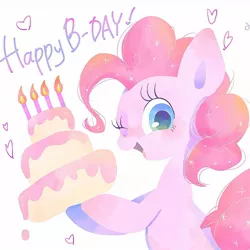 Size: 1445x1445 | Tagged: safe, artist:1drfl_world_end, derpibooru import, pinkie pie, earth pony, pony, birthday cake, cake, candle, female, food, happy birthday, mare, one eye closed, simple background, solo, white background, wink