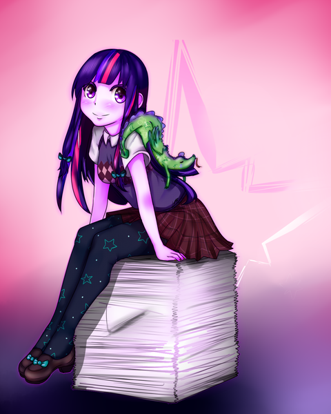 Size: 1201x1500 | Tagged: artist:cronavongorgon, blushing, clothes, derpibooru import, female, human, humanized, pantyhose, paper, plaid skirt, pleated skirt, safe, shirt, shoes, skirt, solo, twilight sparkle