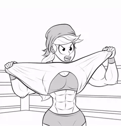 Size: 854x890 | Tagged: abs, applejack, applejacked, artist:matchstickman, bandana, biceps, breasts, busty applejack, clothes, derpibooru import, female, hulk hogan, human, humanized, looking at you, monochrome, muscles, safe, shirt pull, shorts, simple background, solo, sports, tearing, torn clothes, white background, wrestling, wrestling ring
