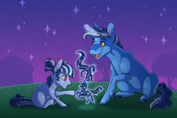 Size: 3000x2000 | Tagged: safe, artist:jackiebloom, derpibooru import, night light, oc, oc:twilight moonstone, pony, constellation, female, filly, grandparent and grandchild moment, high res, magic, magical lesbian spawn, night, offspring, parent:rarity, parent:twilight sparkle, parents:rarilight