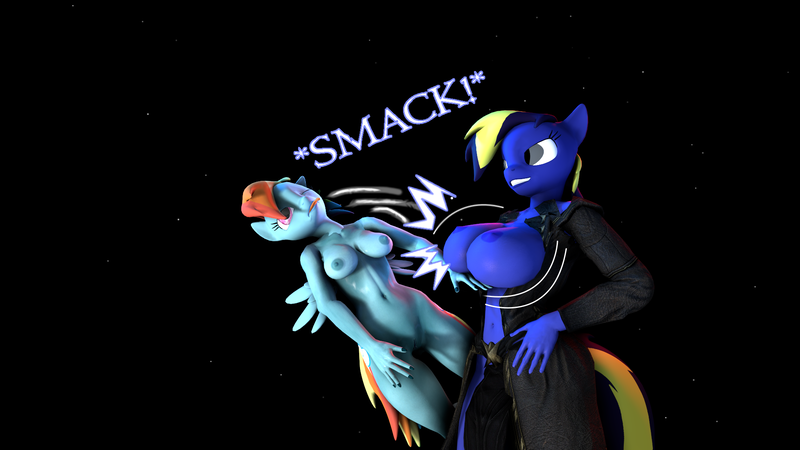 Size: 1920x1080 | Tagged: 3d, anthro, anthro oc, artist:diamonikon, big breasts, blue, breasts, cloths, derpibooru import, implied breast expansion, nipples, nudity, oc, oc:watersmoke, pair, questionable, rainbow dash, rainbow dash getting owned, smack, source engine, source filmmaker, tit slapping, valve