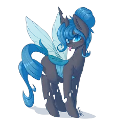 Size: 2074x2304 | Tagged: safe, alternate version, artist:dsp2003, derpibooru import, changeling queen oc, oc, oc:queen polistae, changeling, changeling queen, pony, :p, blue changeling, blushing, commission, cute, female, looking at you, mare, silly, silly pony, simple background, solo, tongue out, transparent background