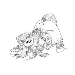 Size: 2000x2000 | Tagged: armor, artist:sourcherry, bow, clothes, derpibooru import, fallout equestria, fallout equestria: waking the dead, female, lab coat, lineart, long mane, mare, monochrome, not trixie, oc, oc:domino, safe, solo, tail wrap, wip