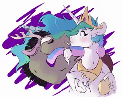 Size: 2000x1600 | Tagged: safe, artist:canisrettmajoris, derpibooru import, discord, princess celestia, blushing, cute, cutelestia, discute, dislestia, female, flowing mane, male, nuzzling, shipping, straight, surprised, unshorn fetlocks