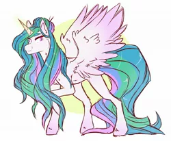 Size: 2000x1650 | Tagged: safe, artist:canisrettmajoris, derpibooru import, princess celestia, alicorn, pony, alternate hairstyle, beautiful, colored wings, colored wingtips, digital art, eyebrows, female, flowing mane, glowing horn, looking sideways, mare, missing accessory, raised hoof, simple background, smiling, solo, white background