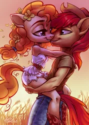 Size: 2066x2894 | Tagged: safe, artist:holivi, derpibooru import, bright mac, pear butter, anthro, earth pony, brightbutter, clothes, cowboy hat, female, hat, looking at each other, male, pants, shipping, shirt, smiling, stetson, straight