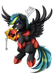 Size: 2550x3509 | Tagged: safe, artist:pridark, derpibooru import, oc, oc:tornado turbulence, unofficial characters only, pegasus, pony, armor, commission, keyblade, keychain, kingdom hearts, male, simple background, solo, stallion, transparent background