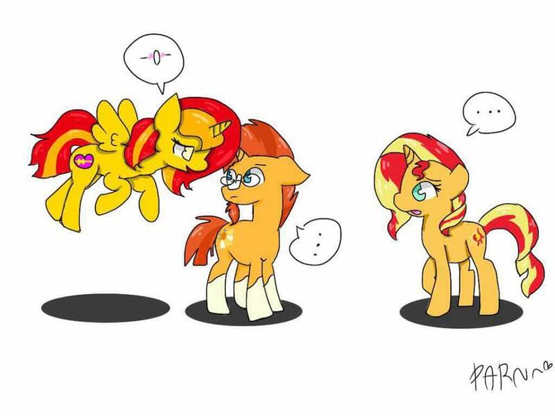 Size: 960x720 | Tagged: safe, artist:parn, derpibooru import, sunburst, sunset shimmer, oc, oc:princess parn, pony, not sunset shimmer, separated at birth, trio, wrong