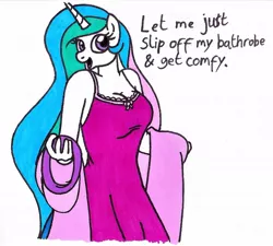 Size: 1227x1103 | Tagged: alicorn, anthro, artist:killerteddybear94, bathrobe, breasts, busty princess celestia, cleavage, clothes, cropped, derpibooru import, dialogue, female, looking at you, mare, nightgown, open mouth, princess celestia, robe, safe, smiling, stripping, stupid sexy celestia, suggestive source, talking to viewer, traditional art