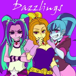 Size: 1000x1000 | Tagged: safe, alternate version, artist:raika0306, derpibooru import, adagio dazzle, aria blaze, sonata dusk, equestria girls, clothes, eyestrain warning, female, gem, looking at you, needs more saturation, purple background, sharp teeth, simple background, siren gem, slit eyes, smiling, teeth, the dazzlings, trio, trio female