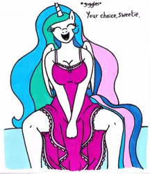 Size: 1215x1406 | Tagged: adorasexy, alicorn, anthro, artist:killerteddybear94, breasts, busty princess celestia, cleavage, clothes, cropped, cute, cutelestia, daaaaaaaaaaaw, derpibooru import, eyes closed, female, giggling, mare, nightgown, playful, princess celestia, sexy, smiling, spreading, spread legs, stupid sexy celestia, suggestive, talking to viewer, traditional art, weapons-grade cute
