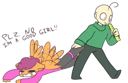 Size: 1000x649 | Tagged: abuse, anthro, artist:synnibear03, baldi, baldi's basics in education and learning, comic:ponytale, crying, derpibooru import, dragging, imminent spanking, oc, oc:ponytale scootaloo, ruler, safe, scootabuse, scootaloo, simple background, transparent background