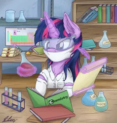 Size: 1800x1900 | Tagged: safe, artist:check3256, derpibooru import, twilight sparkle, pony, beaker, book, bookshelf, chemicals, chemistry, chest fluff, clothes, ear fluff, female, flask, gloves, glowing horn, goggles, hoof gloves, image, lab coat, laboratory, magic, mare, periodic table, png, quill, rubber gloves, scroll, solo, telekinesis, test tube