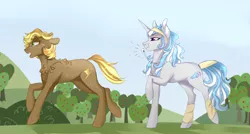 Size: 1024x549 | Tagged: safe, artist:anyatrix, derpibooru import, oc, oc:opal, oc:whiplash, unofficial characters only, earth pony, pony, unicorn, blowing, female, leg warmers, magical gay spawn, mare, offspring, parent:braeburn, parent:rarity, parent:soarin', parent:thunderlane, parents:rarilane, parents:soarburn, puffy cheeks, sweat, whistle