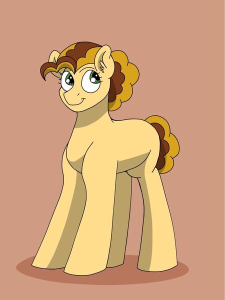 Size: 750x1000 | Tagged: safe, artist:pastel-charms, derpibooru import, oc, oc:carmel bell, earth pony, pony, brown background, female, mare, offspring, parent:cheese sandwich, parent:pinkie pie, parents:cheesepie, simple background, solo