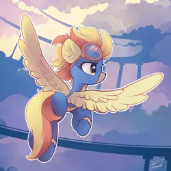 Size: 2200x2200 | Tagged: safe, artist:freeedon, derpibooru import, spitfire, pegasus, pony, clothes, cloudsdale, female, flying, goggles, looking away, mare, sky, solo, spread wings, uniform, wings, wonderbolts uniform