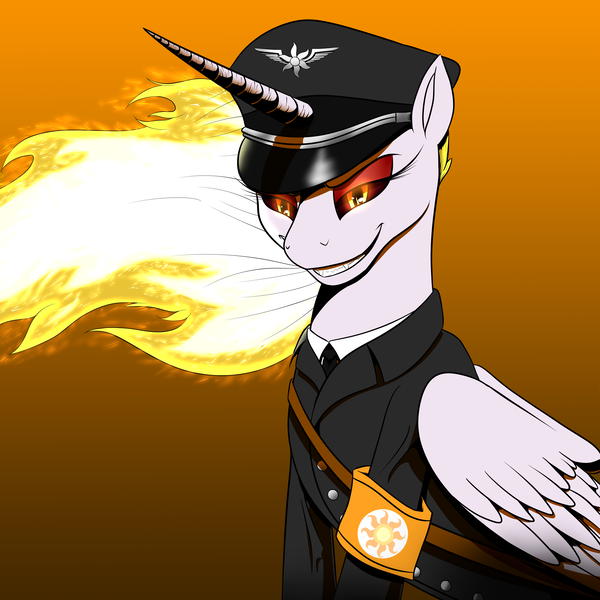 Size: 5000x5000 | Tagged: absurd resolution, alicorn, alternate costumes, alternate timeline, alternate universe, alternate version, armband, artist:phantomis000, badass, celestia armband, clothes, crossover, daybreaker, derpibooru import, dictator, evil, evil grin, fascist, fascistic, fascist symbol, female, fire, gray, grin, military, military pony, military uniform, military uniform princess, nazi armband, nazipone, necktie, pinup, sash, semi-grimdark, smiling, smug, solo, suit, totalitarian, wallpaper