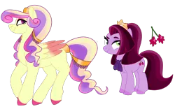 Size: 1950x1218 | Tagged: safe, artist:unicorn-mutual, derpibooru import, oc, unofficial characters only, earth pony, pegasus, pony, female, magical lesbian spawn, mare, offspring, parent:cherry jubilee, parent:princess cadance, parent:scarlet heart, parent:twilight sparkle, simple background, transparent background