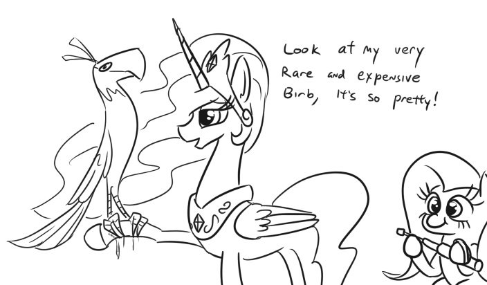 Size: 704x412 | Tagged: safe, artist:jargon scott, derpibooru import, fluttershy, philomena, princess celestia, alicorn, pegasus, phoenix, pony, abuse, baton, birb, black and white, blood, celestiabuse, dialogue, female, fluttershy steals animals, grayscale, mare, monochrome, nightstick, simple background, this will end in pain, trio, white background