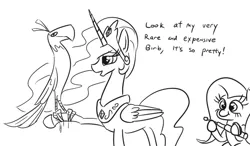 Size: 704x412 | Tagged: safe, artist:jargon scott, derpibooru import, fluttershy, philomena, princess celestia, alicorn, pegasus, phoenix, pony, abuse, baton, birb, black and white, blood, celestiabuse, dialogue, female, fluttershy steals animals, grayscale, mare, monochrome, nightstick, simple background, this will end in pain, trio, white background