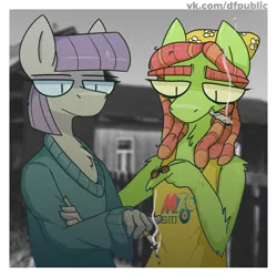 Size: 2000x2000 | Tagged: anthro, artist:dfs, artist:difis, cigarette, derpibooru import, drugs, duo, female, joint, ladybug, marijuana, maud pie, safe, smoking, tree hugger, wasted