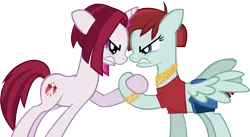 Size: 4519x2471 | Tagged: safe, artist:ironm17, derpibooru import, cayenne, valley glamour, pegasus, pony, unicorn, angry, arm wrestling, clothes, hoofwrestle, jewelry, looking at each other, necklace, simple background, transparent background, vector