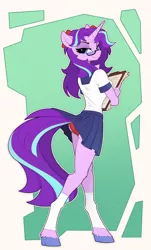 Size: 1600x2644 | Tagged: suggestive, artist:yakovlev-vad, derpibooru import, starlight glimmer, anthro, unguligrade anthro, unicorn, bedroom eyes, clipboard, clothes, digital art, female, frilly underwear, glasses, leg warmers, looking at you, looking back, looking back at you, mare, moe, panties, patreon, patreon reward, pleated skirt, red underwear, school uniform, seductive, skirt, skirt lift, solo, solo female, tail lift, tail upskirt, underwear, upskirt