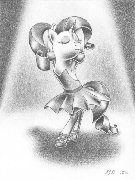 Size: 2246x2999 | Tagged: safe, artist:europeandragon, derpibooru import, rarity, unicorn, alternate hairstyle, armpits, ballerina, ballet, ballet slippers, beautiful, bipedal, black and white, clothes, cute, diabetes, elegant, en pointe, eyes closed, grayscale, majestic, monochrome, pirouette, ponytail, raribetes, raririna, shoes, smiling, spotlight, tutu