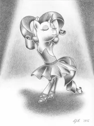 Size: 2246x2999 | Tagged: safe, artist:europeandragon, derpibooru import, rarity, unicorn, alternate hairstyle, armpits, ballerina, ballet, ballet slippers, beautiful, bipedal, black and white, clothes, cute, diabetes, elegant, en pointe, eyes closed, grayscale, majestic, monochrome, pirouette, ponytail, raribetes, raririna, shoes, smiling, spotlight, tutu