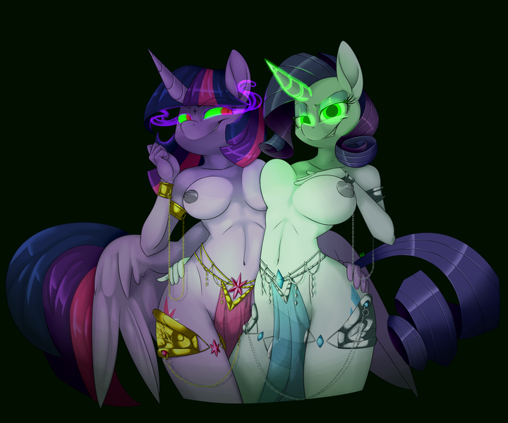 Size: 6000x5000 | Tagged: explicit, artist:ogaraorcynder, derpibooru import, rarity, twilight sparkle, twilight sparkle (alicorn), alicorn, anthro, unicorn, inspiration manifestation, absurd resolution, areola, belly button, black background, bracelet, breasts, busty rarity, busty twilight sparkle, chains, clothes, corrupted, cutie mark clothes, cutie mark clothing, duo, duo female, female, harem outfit, image, inspirarity, jewelry, loincloth, looking at you, magic, mare, mind control, nipples, no panties, nudity, png, possessed, see-through, simple background, smiling, smirk, sombra eyes, symmetrical docking, telekinesis, vulva