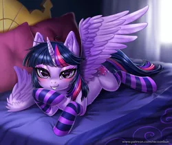 Size: 950x800 | Tagged: suggestive, artist:racoonsan, derpibooru import, part of a set, twilight sparkle, twilight sparkle (alicorn), alicorn, pony, adorasexy, bed, bedroom eyes, blushing, clothes, cute, ear fluff, eyeshadow, female, looking at you, makeup, mare, seductive, sexy, smiling, socks, solo, solo female, spread wings, stockings, striped socks, sultry pose, thigh highs, wings