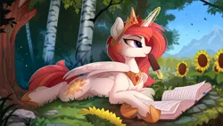 Size: 2310x1315 | Tagged: safe, artist:yakovlev-vad, derpibooru import, princess celestia, alicorn, pony, alternate hair color, book, bookmark, cheek fluff, chest fluff, clothes, crown, cute, cutelestia, cutie mark, female, flower, fluffy, food, forest, fudgesicle, grass, hoof shoes, ice cream, jewelry, leg fluff, levitation, licking, lidded eyes, magic, mare, mlem, mountain, nature, necklace, outdoors, peytral, pink-mane celestia, prone, regalia, scenery, shoes, shoulder fluff, sideways glance, silly, smiling, solo, spread wings, summer, sunflower, telekinesis, tiara, tongue out, tree, wing fluff, wings